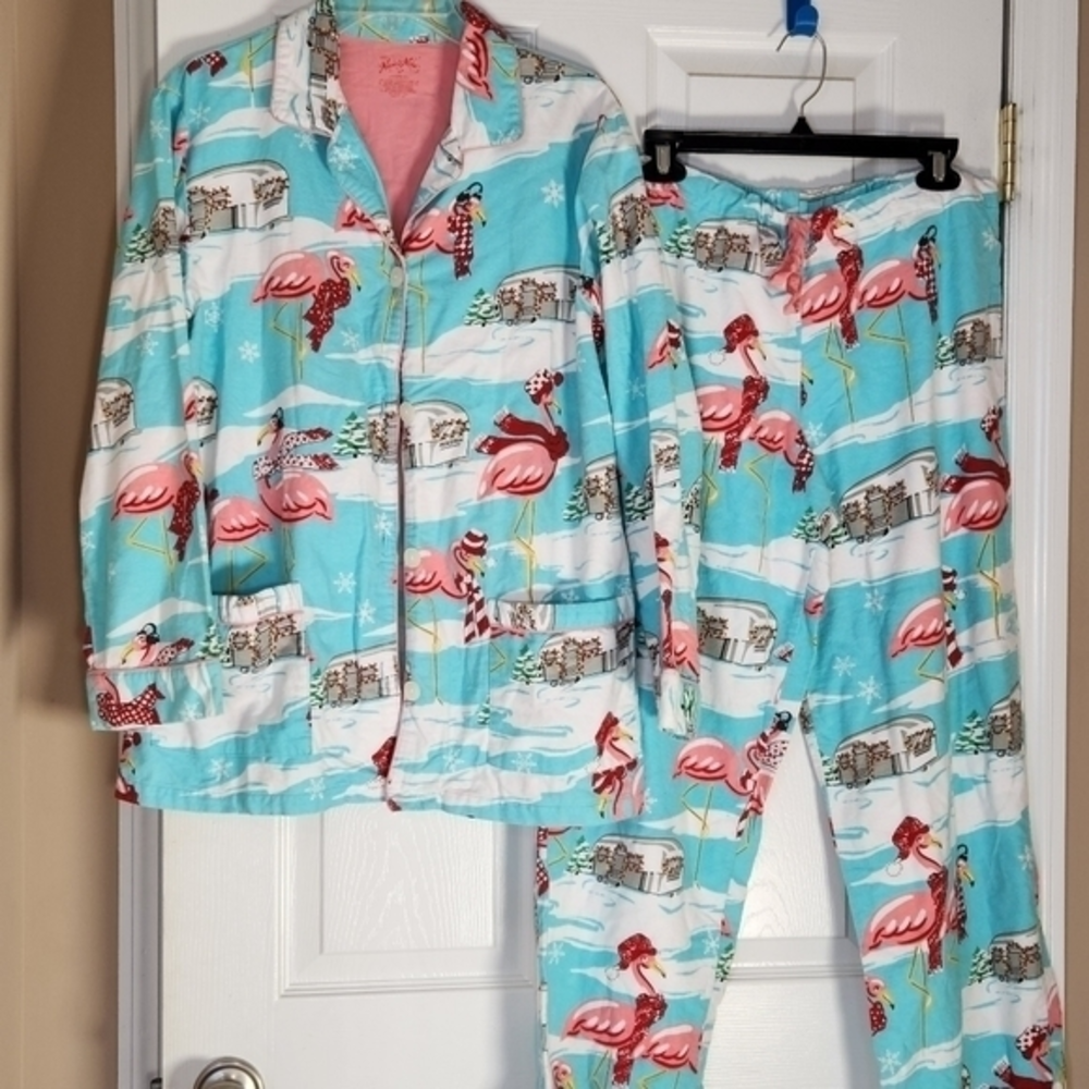 Nick &‎ Nora Flamingo Airstream Flannel Pajamas Y2k Medium 2pc Comfy Cozy Warm